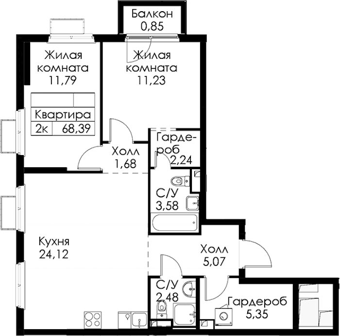 2-комнатная квартира 68.39 м², 3/15 эт., ЖК «Янинский лес»
